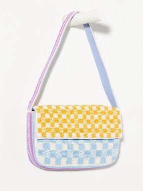 Anthropologie Yellow & Light Blue BeadedCheckerboard Shoulder Bag